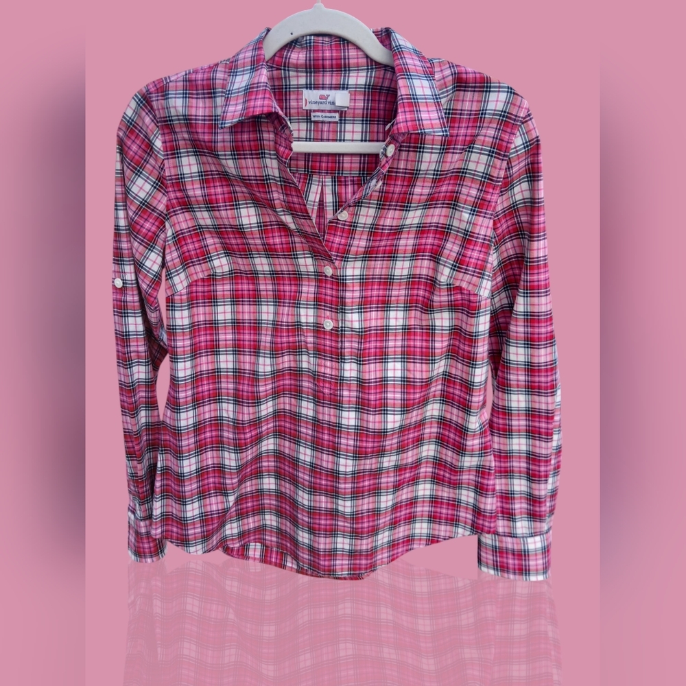 🍂 Vineyard Vines Pink Plaid cashmere blend Women's Shirt Like New Size 4